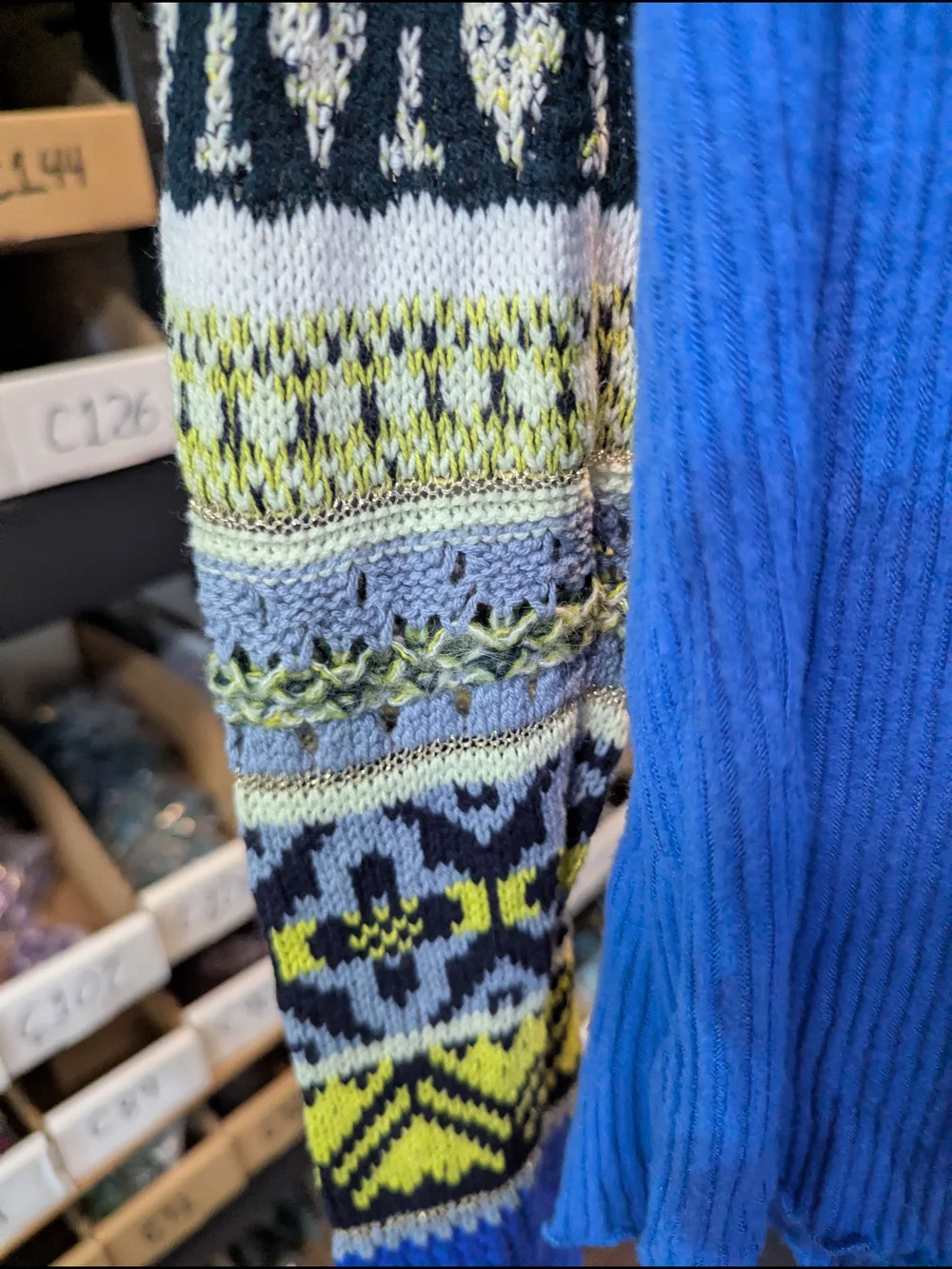 Free People Blue Cowl Neck Sweater with Patterned Sleeves | XS